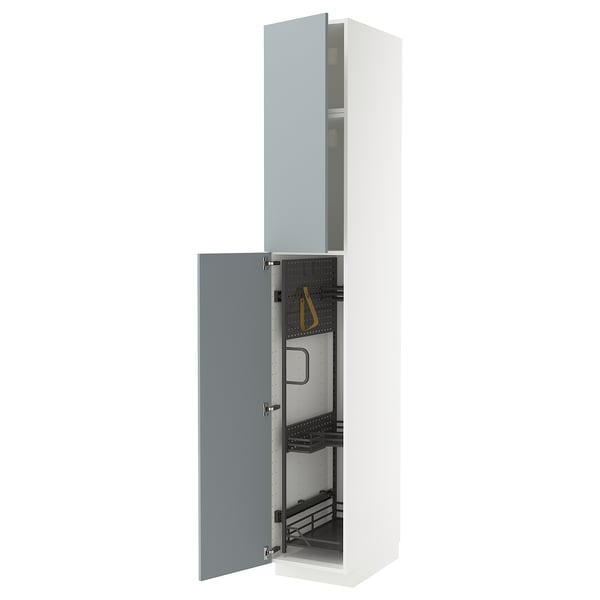 Armadio da cucina METOD bianco con anta lucida grigio-blu, organizer aperti e rivelatori.