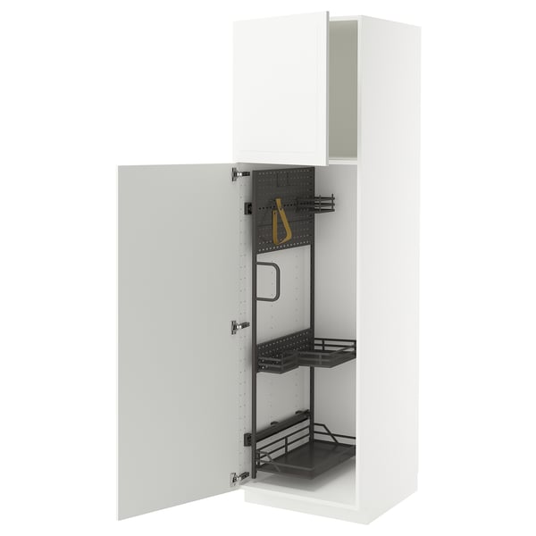 Mobile da cucina METOD bianco, aperto con ripiani e cinghia per appendere.