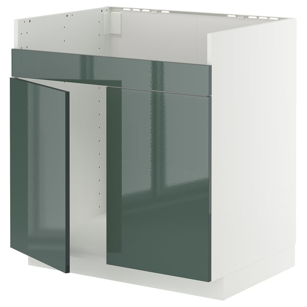 Un mobile da cucina METOD in grigio-verde lucido dal design moderno.