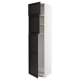 Mobile da cucina moderno, bianco con ante in legno scuro, alto, tre ripiani.