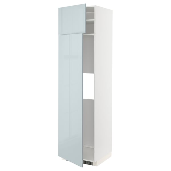 Moderno mobile alto bianco con anta lucida grigio-blu, ripiani regolabili, leggera angolazione.