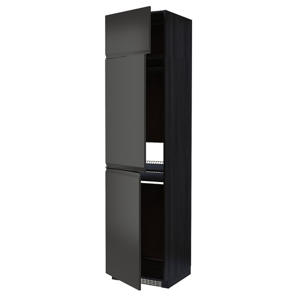 Moderno mobile da cucina nero con ante aperte, design elegante, robuste, alte maniglie metalliche.