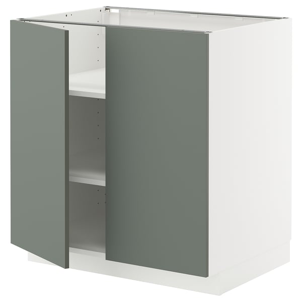 Un moderno mobile da cucina METOD grigio-verde con interno bianco e ripiani regolabili.