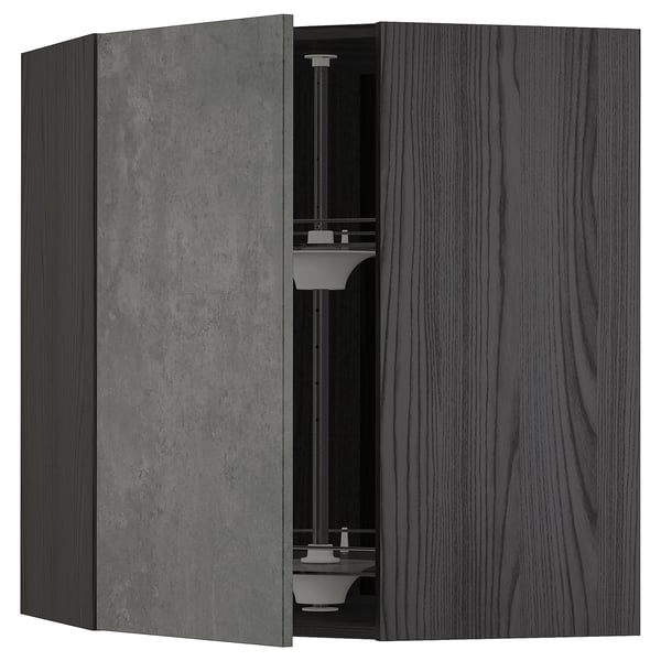 Mobile cucina METOD, effetto cemento grigio, venature legno, vista aperta, ripiano in vetro temperato, supporto in acciaio.