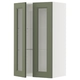 Un mobile da cucina METOD verde con ante in vetro e cornice bianca, dal design moderno e ripiani regolabili.