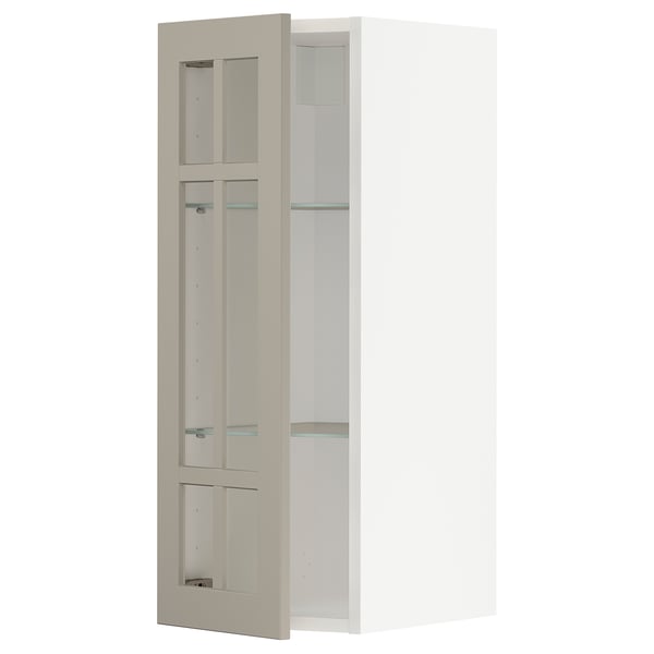 Mobile da cucina METOD con anta in vetro beige con ripiani bianchi, forma rettangolare, design moderno.