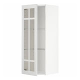 Un mobile da cucina METOD bianco con ante in vetro. Ha una forma rettangolare, quattro ripiani ed è prevalentemente bianco con pannelli in vetro trasparente.
