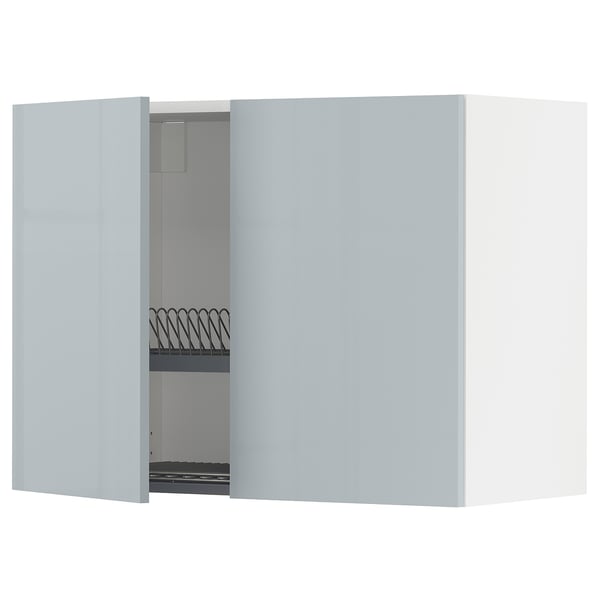 Questa immagine mostra un pensile da cucina METOD grigio-blu lucido con un'anta aperta che rivela un ripiano regolabile e uno scolapiatti.