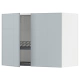 Questa immagine mostra un pensile da cucina METOD grigio-blu lucido con un'anta aperta che rivela un ripiano regolabile e uno scolapiatti.