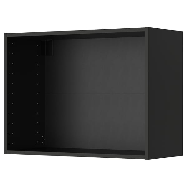 Un pensile METOD nero di ikea. È rettangolare con spazio aperto all'interno e fori per ripiani preforati.