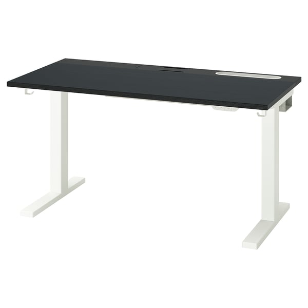 Scrivania sit-stand MITTZON, piano nero, gambe bianche, design moderno ed ergonomico.