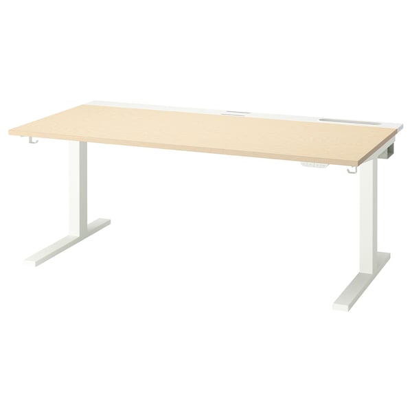 Scrivania sit-stand regolabile in legno con gambe bianche.