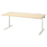 Scrivania sit-stand regolabile in legno con gambe bianche.
