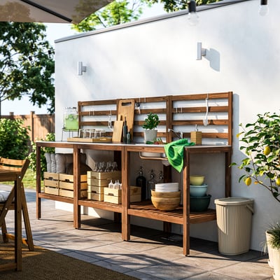 NÄMMARÖ Cucina/mobile lavello da esterno, mordente marrone chiaro/inox, 240x62 cm