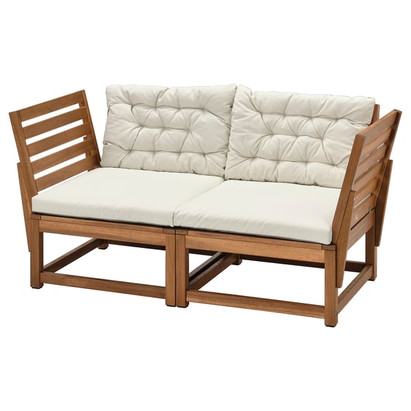 NÄMMARÖ Divano componibile 2 posti, esterno, braccioli mordente marrone chiaro/Kuddarna grigio chiaro-beige, 147 cm