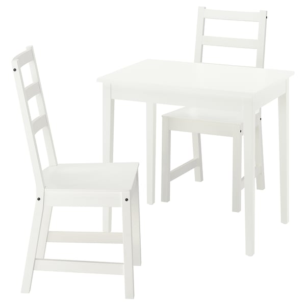 Un set da pranzo NÄSINGE bianco con un tavolo quadrato e due sedie con schienale a scala.