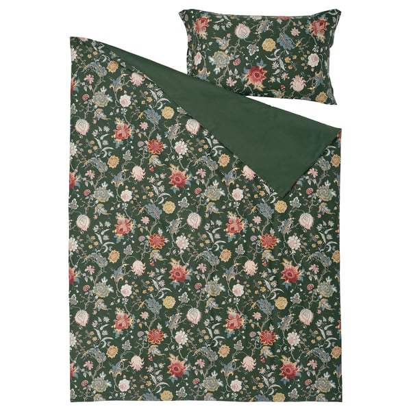 Set di biancheria da letto Näselklocka: motivo floreale verde scuro e rovescio solido. Misto cotone-viscosa per il massimo comfort. Include piumino e federe.