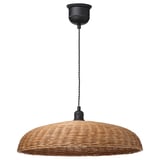 Lampada a sospensione in rattan, marrone, forma a cupola rotonda, coppa da soffitto nera.