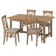 Set da pranzo in legno marrone chiaro con 4 sedie imbottite e tavolo allungabile, stile rustico.