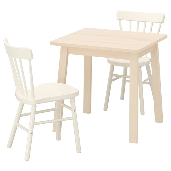 Tavolo per bambini IKEA bianco e 2 sedie, betulla, angoli di sicurezza, facile da pulire.