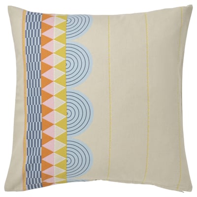 Cuscino OMMJÄNGE, crema con triangoli, linee e cerchi multicolori, disegno geometrico su cotone.