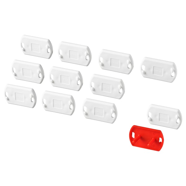 Dieci spine di sicurezza in plastica bianche e una rossa per prese a muro.