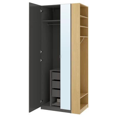 PAX / FORSAND/ÅHEIM Combinazione di guardaroba, grigio scuro grigio scuro/vetro a specchio effetto rovere, 95x60x236 cm