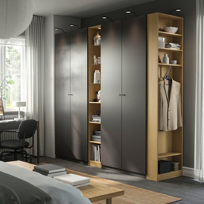 PAX / FORSAND Combinazione di guardaroba, grigio scuro grigio scuro/effetto rovere, 255x60x236 cm