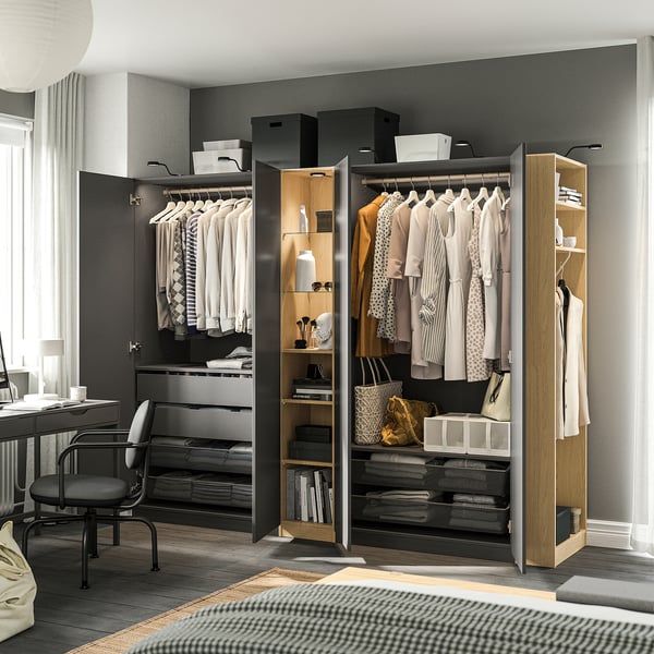 PAX / FORSAND Combinazione di guardaroba, grigio scuro grigio scuro/effetto rovere, 255x60x201 cm