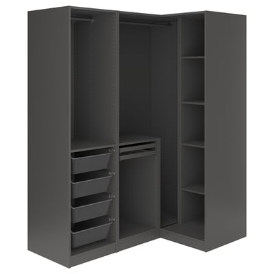 Un armadio PAX blu con ripiani e cassetti in rete. L'armadio è aperto e mostra le opzioni di archiviazione.