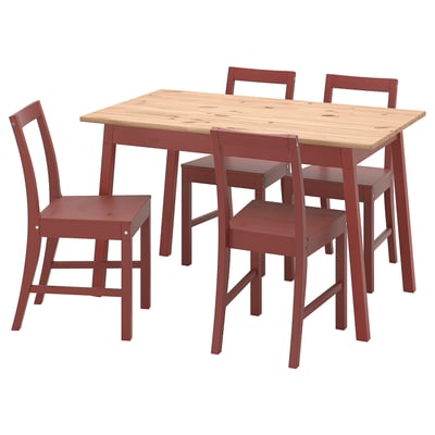 Un set da pranzo IKEA PINNTORP rosso. Include un tavolo quadrato in legno e quattro sedie abbinate con un design semplice, robusto e classico.