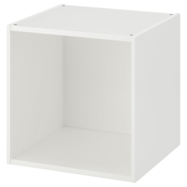 Un mobile contenitore PLATSA bianco. Si tratta di un telaio aperto di forma quadrata con un design minimalista per soluzioni di archiviazione versatili.