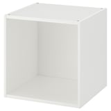 Un mobile contenitore PLATSA bianco. Si tratta di un telaio aperto di forma quadrata con un design minimalista per soluzioni di archiviazione versatili.