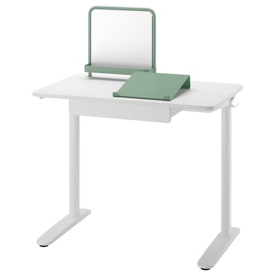 Scrivania RELATERA in bianco con lavagna magnetica e cassetto verdi. Forma moderna, rettangolare, dalle linee pulite.