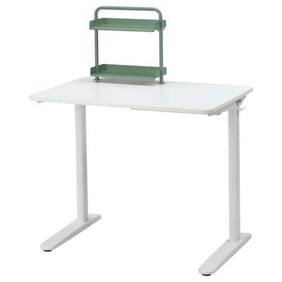 RELATERA scrivania bianca con ripiano organizer verde, moderna, regolabile, efficiente, elegante.
