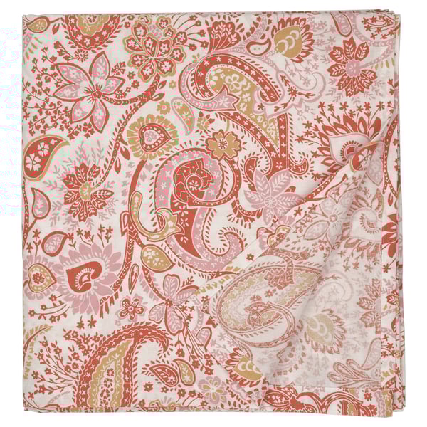 Questa immagine è il lenzuolo piatto RODGERSIA con un vivace disegno paisley nei toni del rosso e del beige, realizzato in morbido tessuto misto cotone e viscosa.