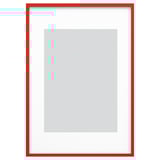 Espositore fotografico bianco con cornice rossa e cornice interna grigia.