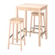 Set bar in legno chiaro con tavolo quadrato e due sgabelli, design elegante e moderno.