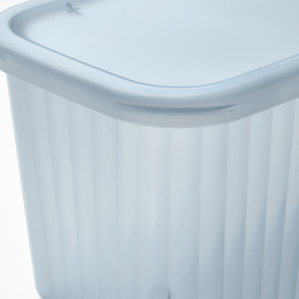 Scatola in plastica trasparente, rigata con coperchio, progettata per organizzare piccoli oggetti, realizzata con materiale riciclato.