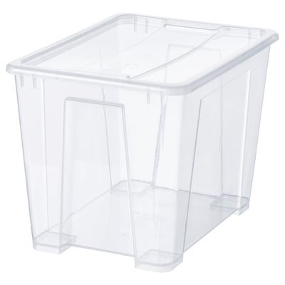 Una scatola di stoccaggio SAMLA in plastica trasparente, di forma rettangolare, con coperchio di chiusura per una conservazione sicura.