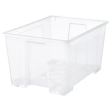 Una scatola di plastica trasparente chiamata SAMLA, trasparente, rettangolare e progettata per oggetti ingombranti. Ha maniglie e può essere spostato su ruote.