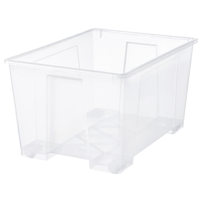 Una scatola di plastica trasparente chiamata SAMLA, trasparente, rettangolare e progettata per oggetti ingombranti. Ha maniglie e può essere spostato su ruote.