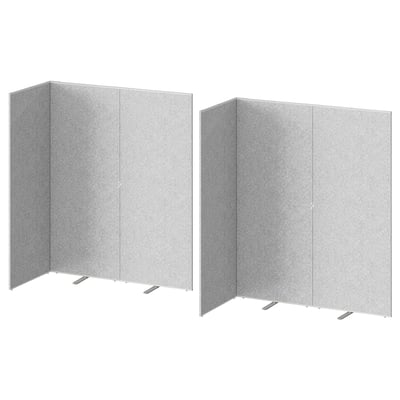 Coppia di divisori grigio chiaro, pannelli rettangolari con supporti, facili da montare e riporre, design moderno.