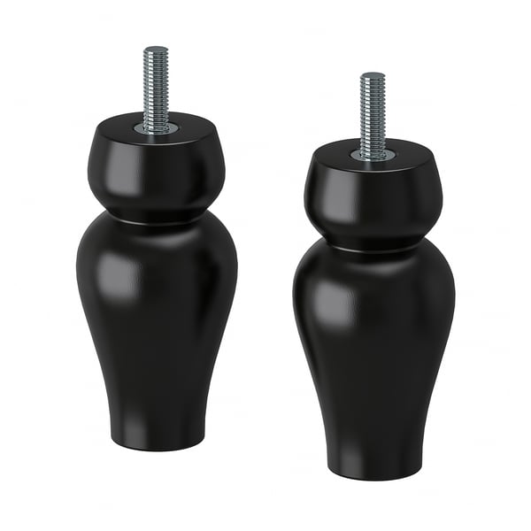 Due gambe cilindriche in legno nero con barre metalliche filettate sulla parte superiore.