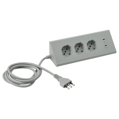 Prolunga SKOTAT grigia con 3 uscite e 2 porte usb, design sottile, alloggiamento in policarbonato.
