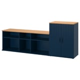 SKRUVBY set contenitore, blu scuro e legno, mix di ripiani aperti/chiusi, supporto e mobile TV.