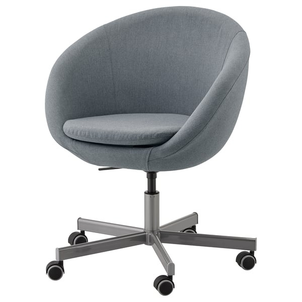Sedia da ufficio SKRUVSTA in tessuto grigio, forma rotonda, altezza regolabile, cinque ruote, design ergonomico.