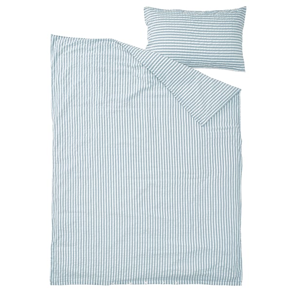 Set piumino e cuscino a righe azzurre, rettangolare, misto cotone-viscosa.