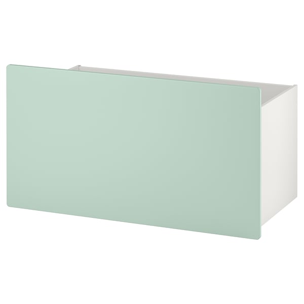 Contenitore a forma di scatola verde chiaro con fianchi bianchi, design moderno e minimalista, su ruote per un facile spostamento.