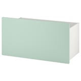 Contenitore a forma di scatola verde chiaro con fianchi bianchi, design moderno e minimalista, su ruote per un facile spostamento.